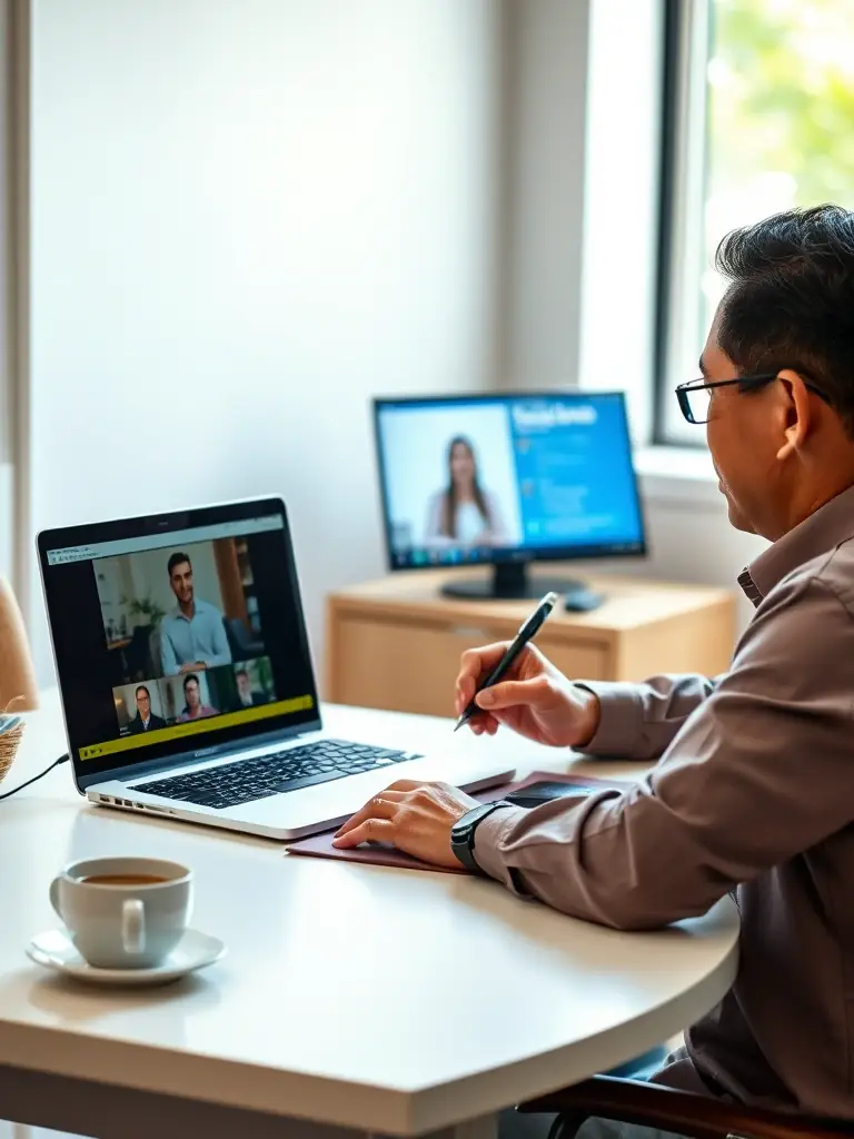 A professional SME owner is participating in an online Smarter Business Bootcamp session, actively engaging with the content on their laptop.