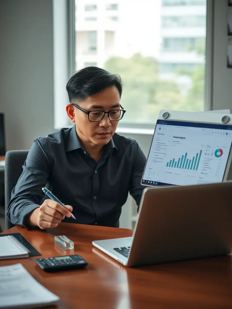 A Singaporean SME owner is reviewing financial reports and data insights gained from a Smarter Business Bootcamp session.