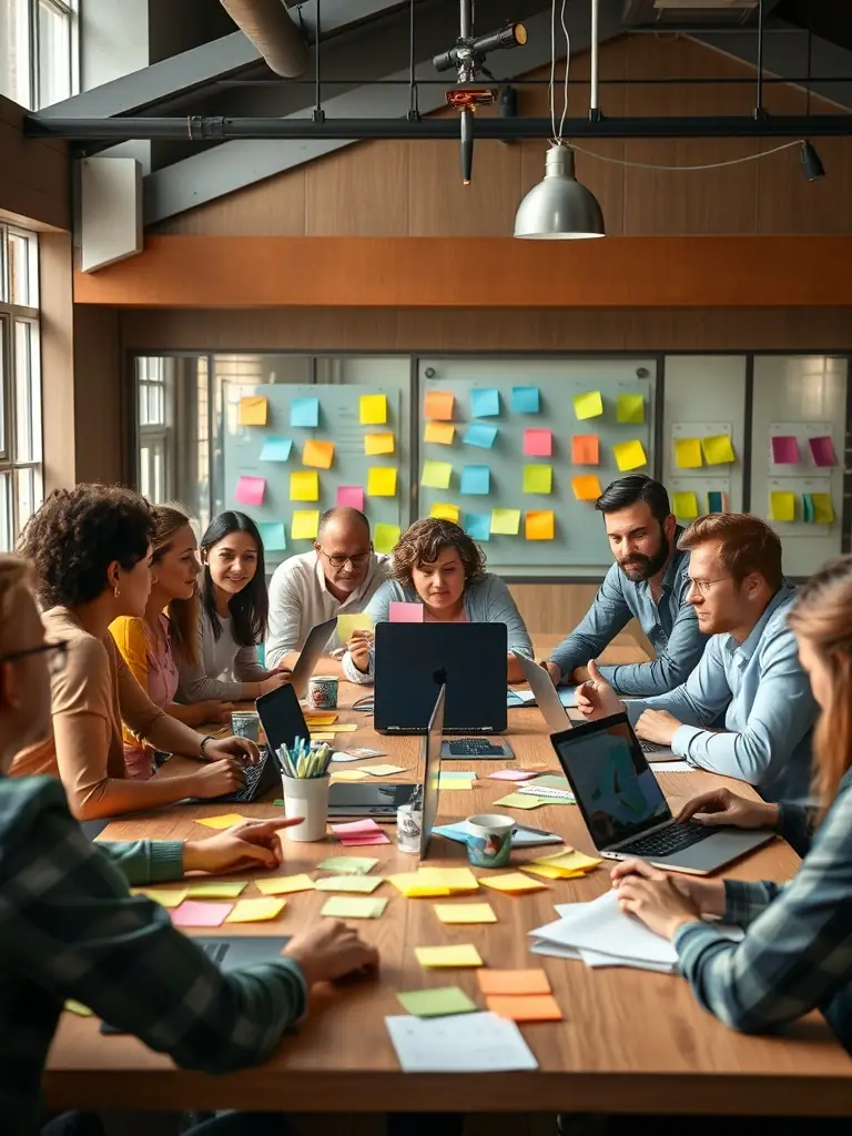 A diverse group of SME employees are collaborating during a Smarter Business Bootcamp workshop, brainstorming ideas and sharing insights.